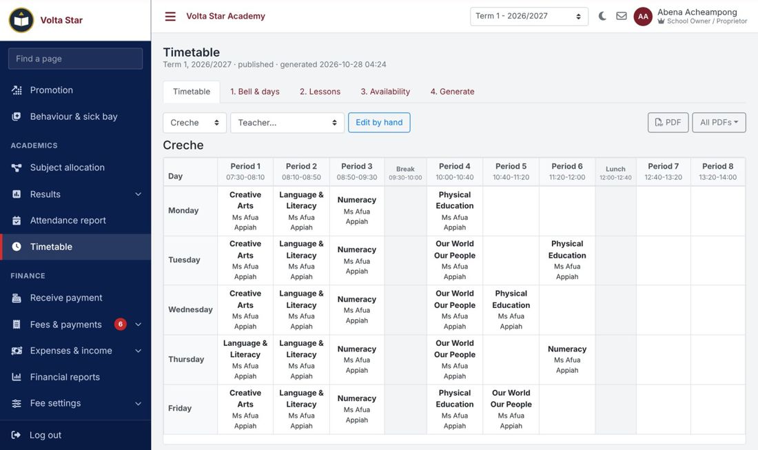 A class timetable